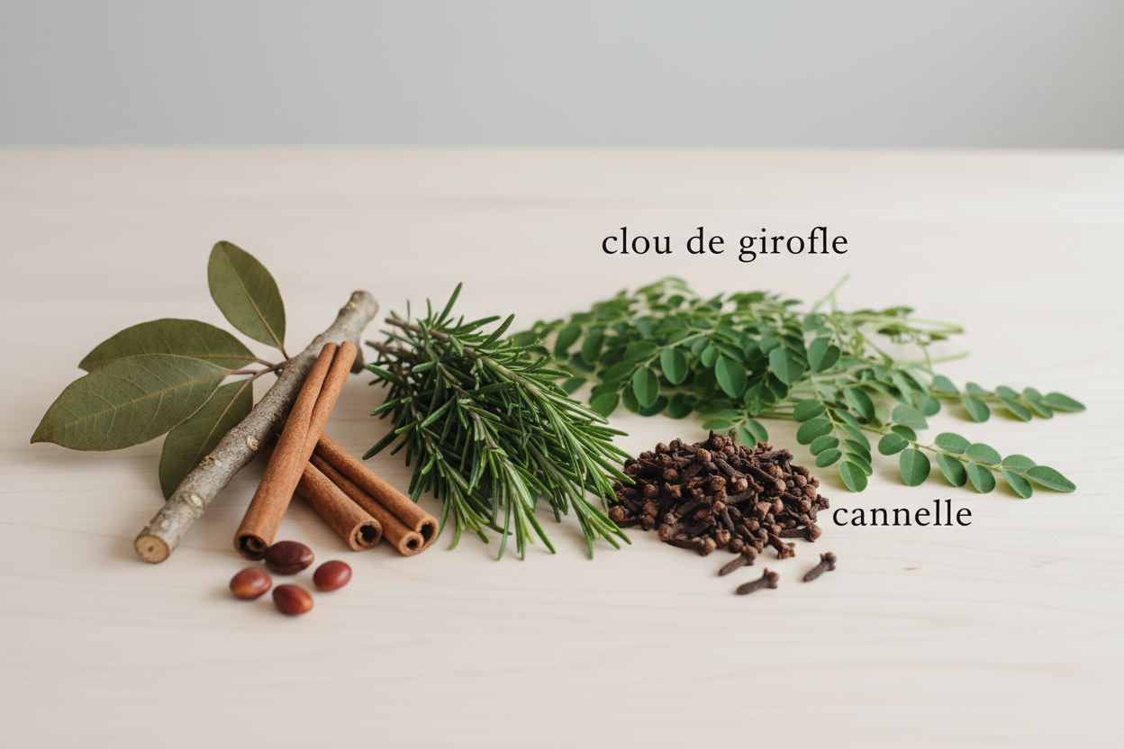 les plantes de la caraibes ,romarin,clou de girofle,moringa,canelle,carapate
