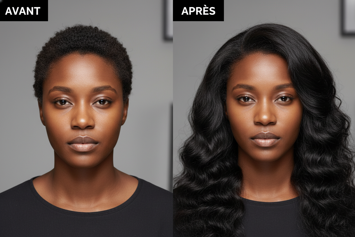 une photo avant /aprés d'une femme noir la meme femme a des cheveux cassé,abimé court et longs